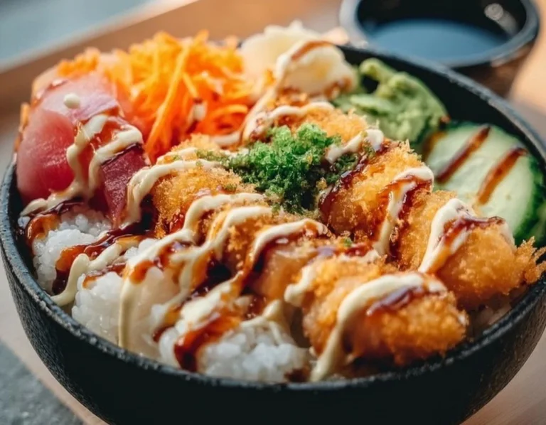 Bol de sushi Crunch Roll préparé avec des ingrédients frais et savoureux.
