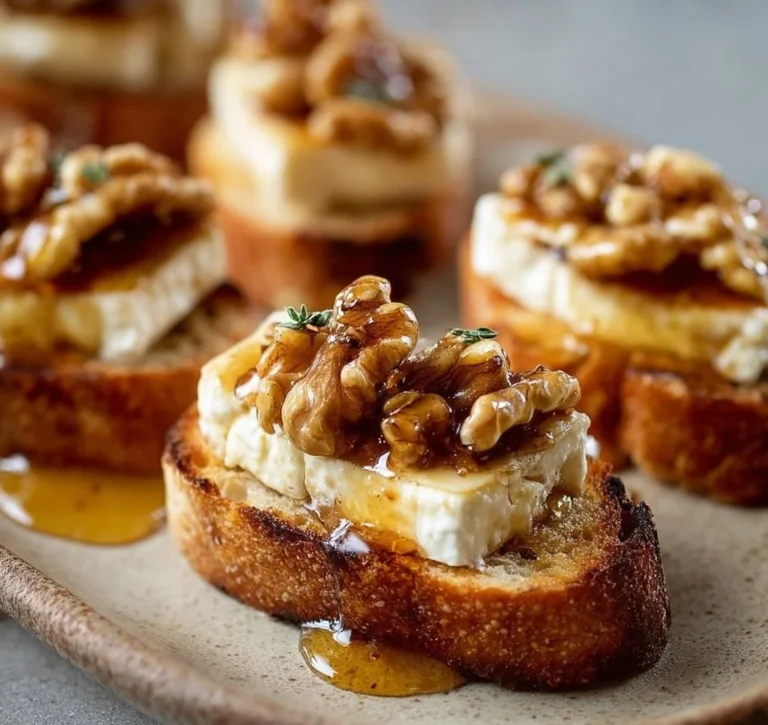 Bouchées de crostini au Brie garnies de miel et de noix