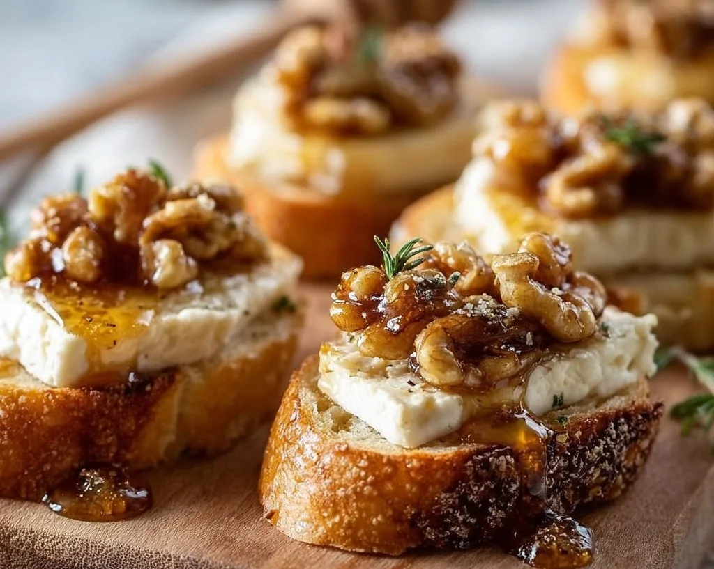 Bouch&eacute;es de crostini au Brie, miel et noix