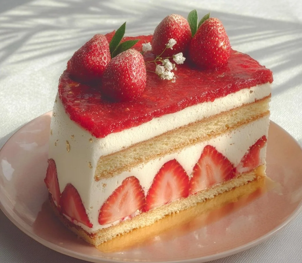 Gâteau aux fraises français présenté avec des fraises fraîches sur le dessus.