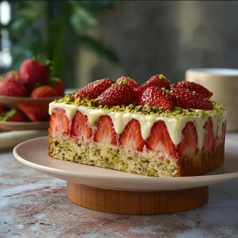 Gâteau Pistache Fraise avec des fraises fraîches et une garniture de pistache