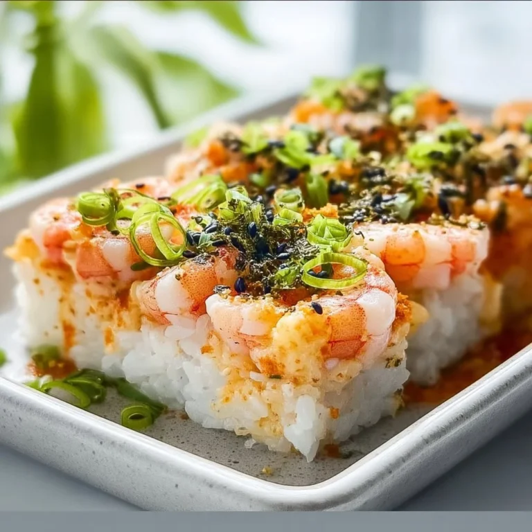 Gratin croquant de sushis aux crevettes, plat savoureux et original.