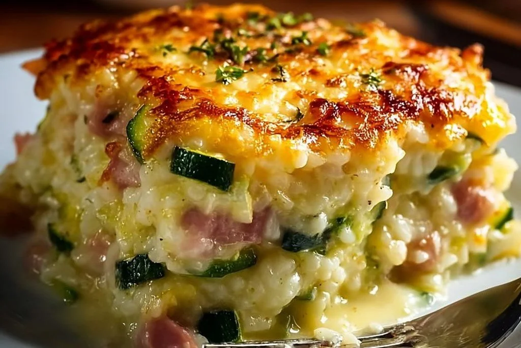 Gratin de courgettes au jambon et riz crémeux, un plat réconfortant et savoureux