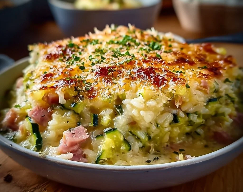 Gratin de courgettes au jambon et riz crémeux : réconfort et saveur