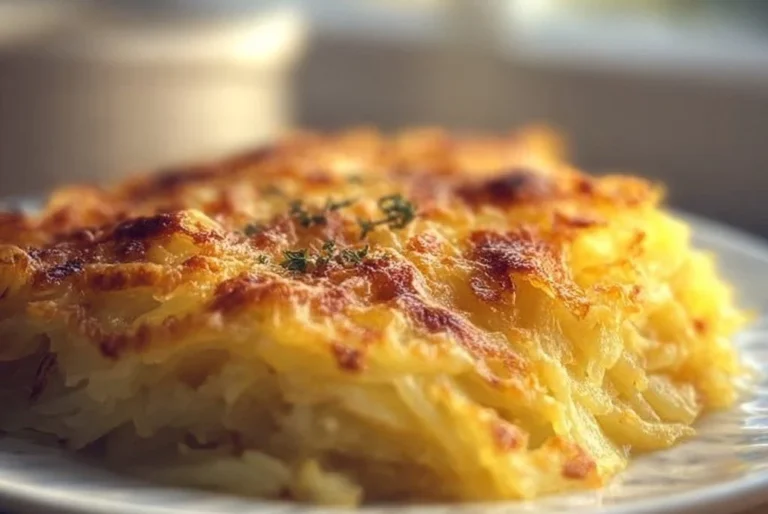 Gratin de pommes de terre râpées doré au four et prêt à être dégusté.