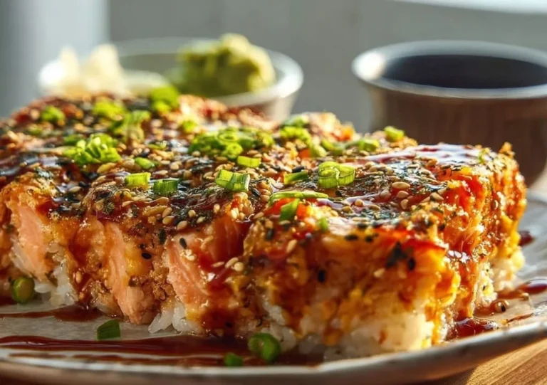 Gratin de saumon épicé inspiré des sushis, un plat délicieux et innovant.