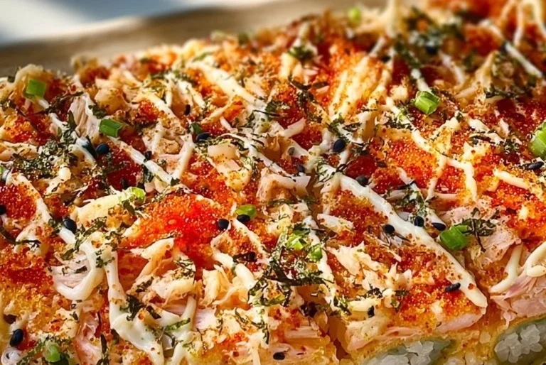 Gratin de sushi au crabe relevé servi dans un plat élégant