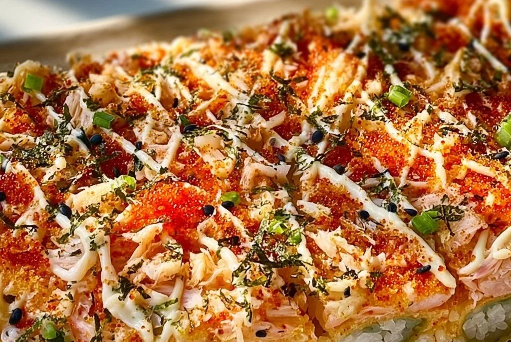 Gratin de sushi au crabe relevé servi dans un plat élégant