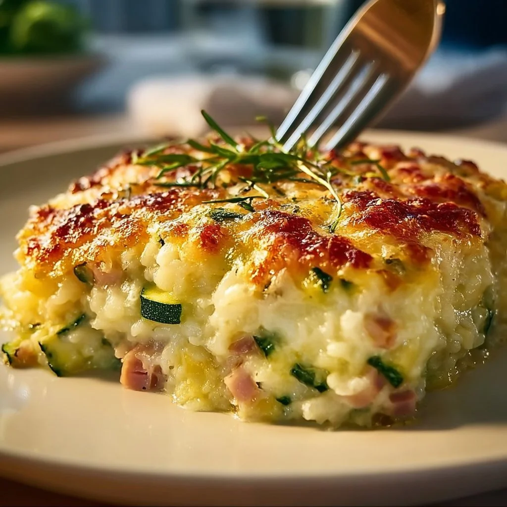 Gratin de courgettes avec jambon et riz, plat savoureux et réconfortant