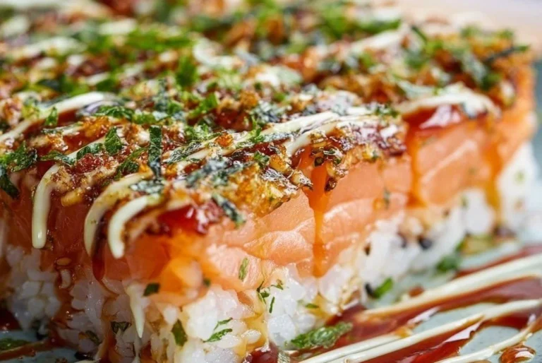 Saumon sushi bake délicieux et irrésistible dans un plat recouvert de garnitures savoureuses.