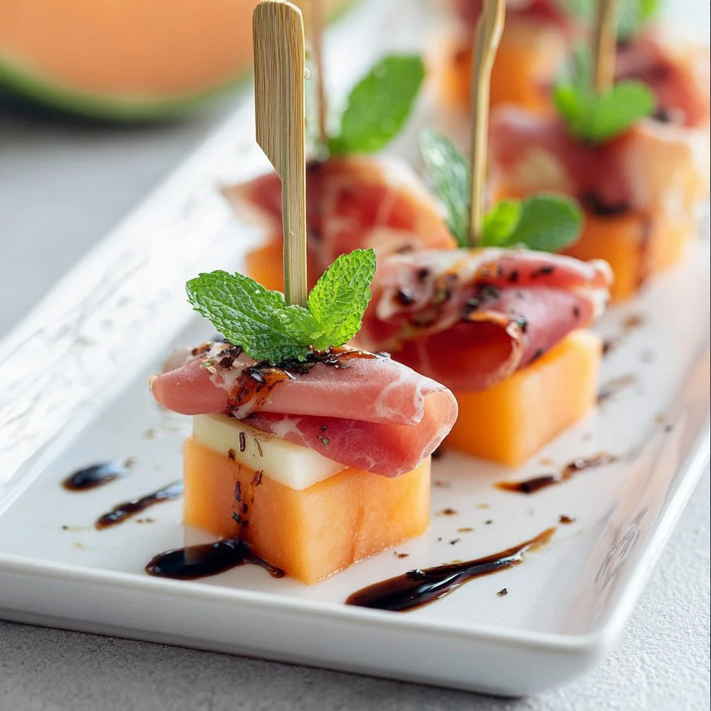 Brochettes de melon avec prosciutto, balsamique et menthe sur une assiette