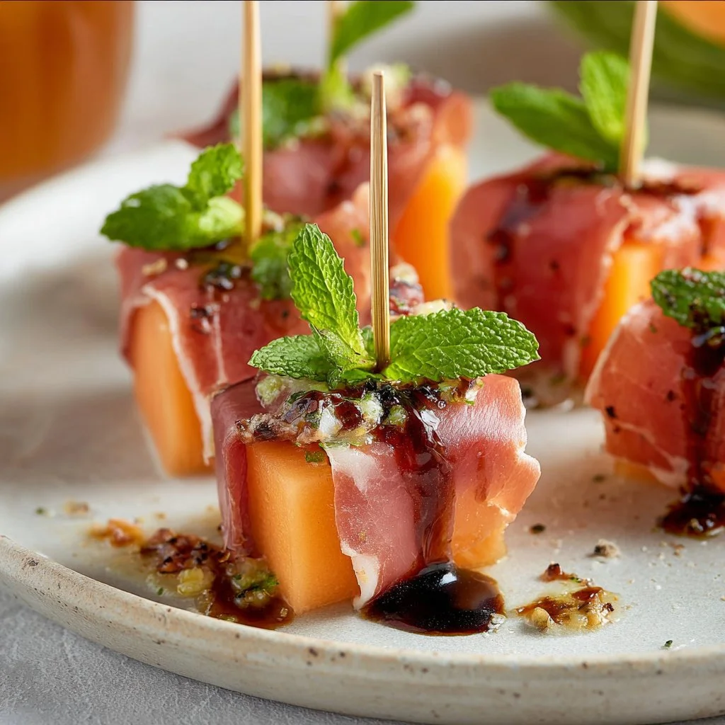 Melon Skewers Wrapped in Prosciutto with Balsamic and Mint
