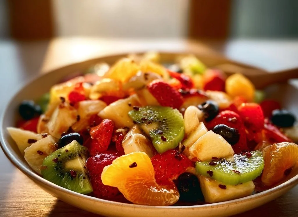 Palette colorée de fruits frais présentée sur une table en bois.