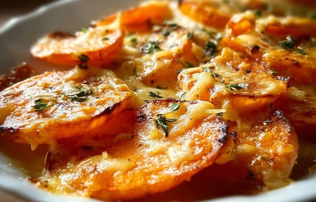 Patates douces gratinées au four, dorées et croustillantes dans un plat