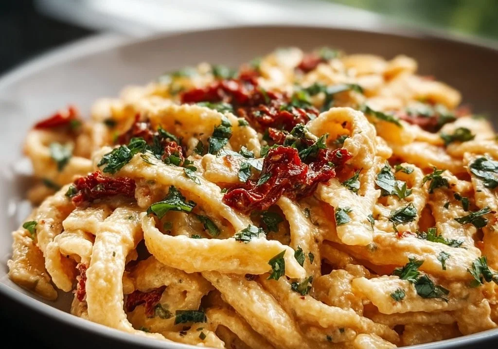Pâtes crémeuses aux tomates séchées, recette végane délicieuse et simple.