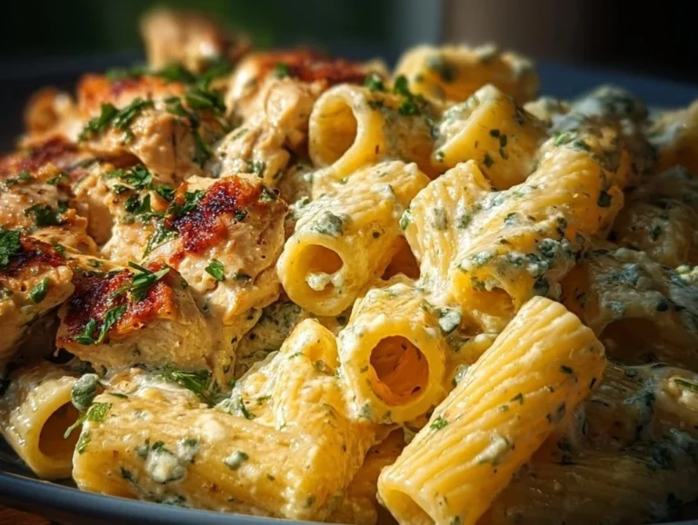 Pâtes rigatoni au poulet avec fromage fondant dans un plat coloré