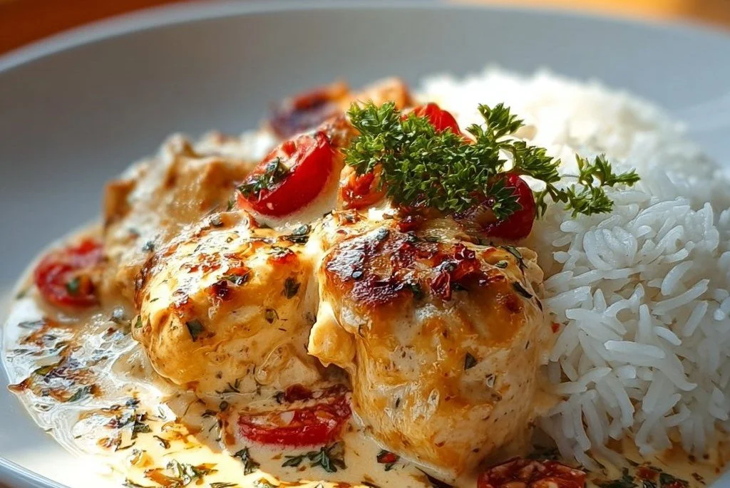 Poulet &agrave; la Cr&egrave;me sur un Lit de Riz Fondant