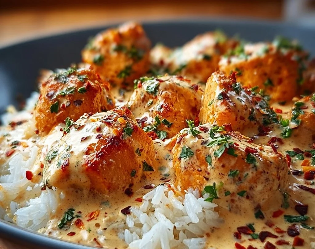 Poulet &agrave; la Cr&egrave;me sur un Lit de Riz Fondant
