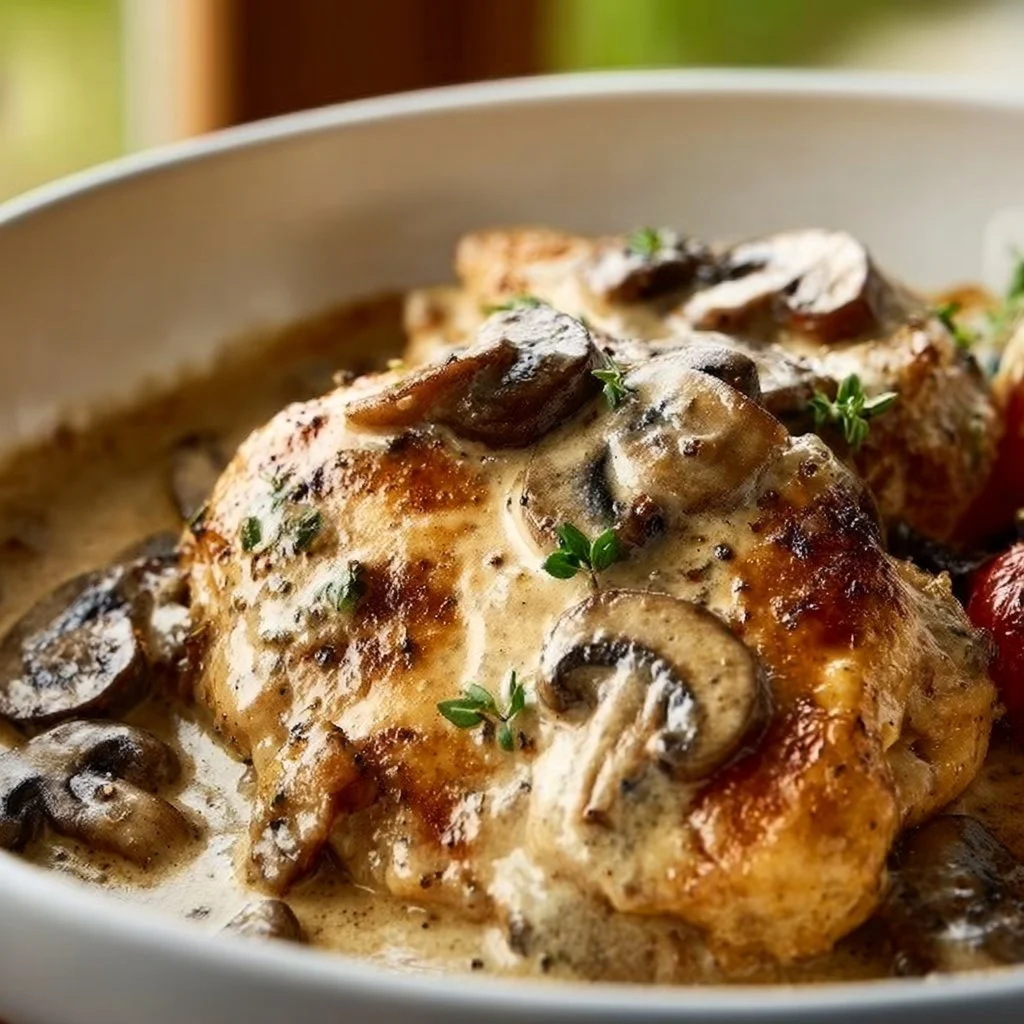 Poulet cr&eacute;meux aux champignons