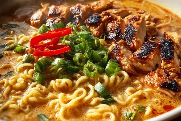 Ramen au poulet piquant dans une sauce onctueuse, plat appétissant et réconfortant.