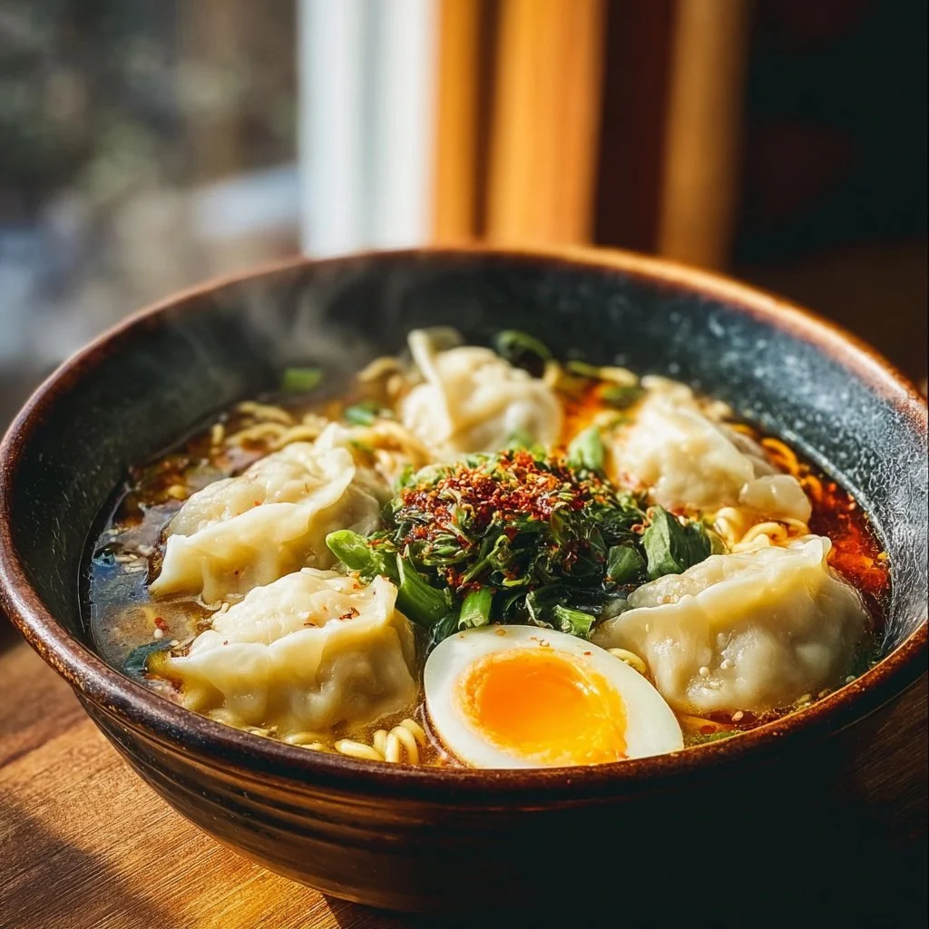 Bol de ramen aux dumplings savoureux avec garnitures colorées