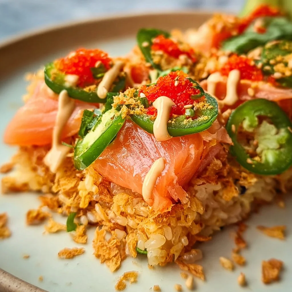 Riz croquant au saumon avec zestes d'agrumes sur une assiette élégante