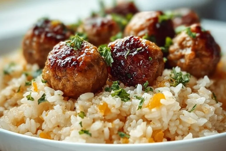 Riz parfumé aux boulettes de viande sur une assiette appétissante