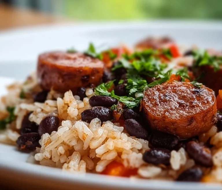 Riz sauté aux haricots noirs et saucisses servi dans une assiette colorée