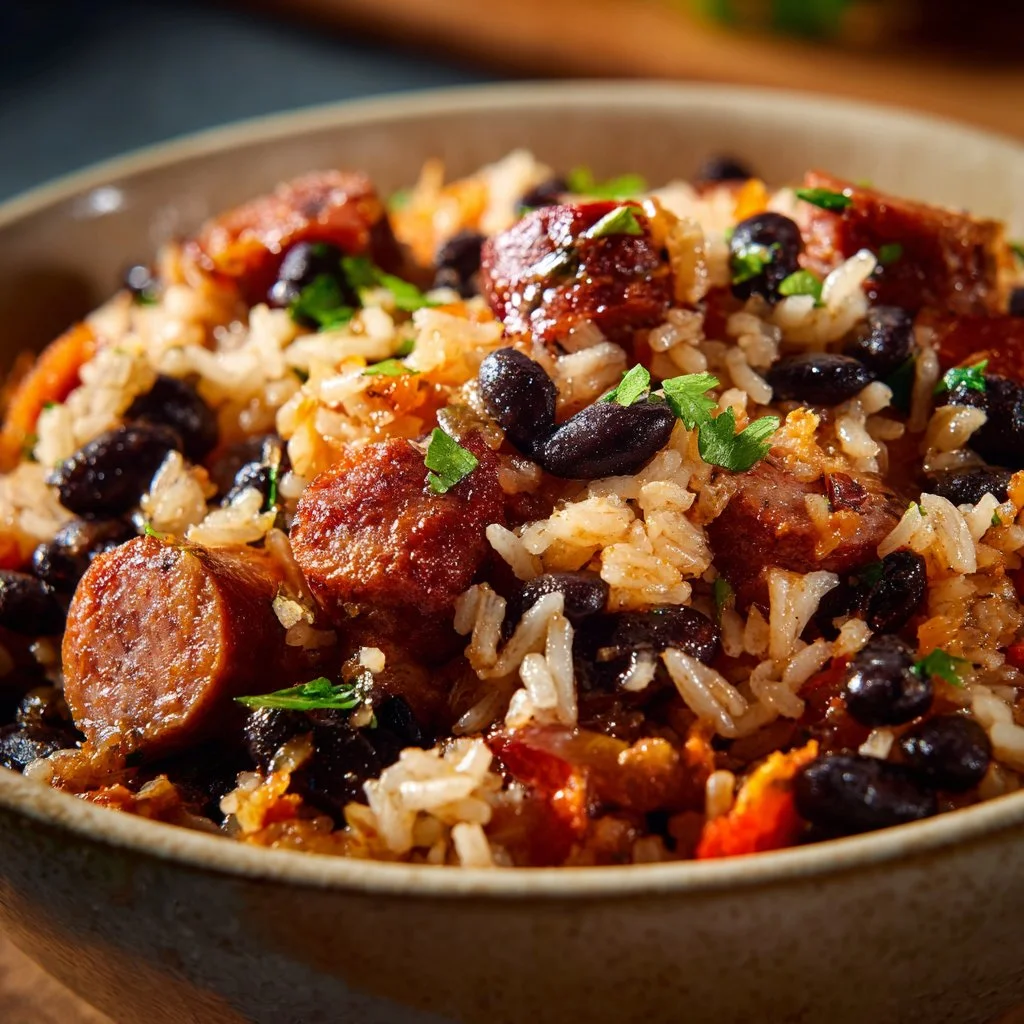 Riz sauté aux haricots noirs et saucisses
