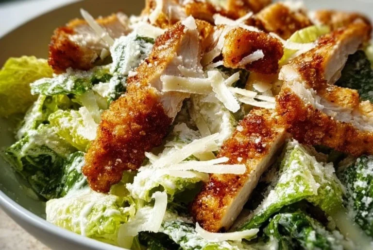 Salade César croustillante avec poulet et croûtons dorés disposée dans un bol.