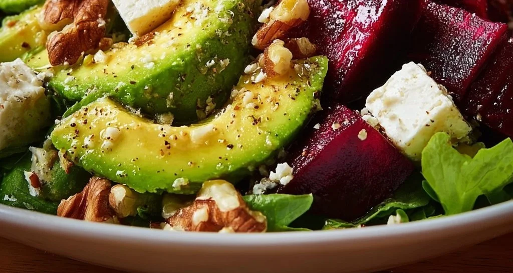 Salade de betterave, avocat, feta et noix