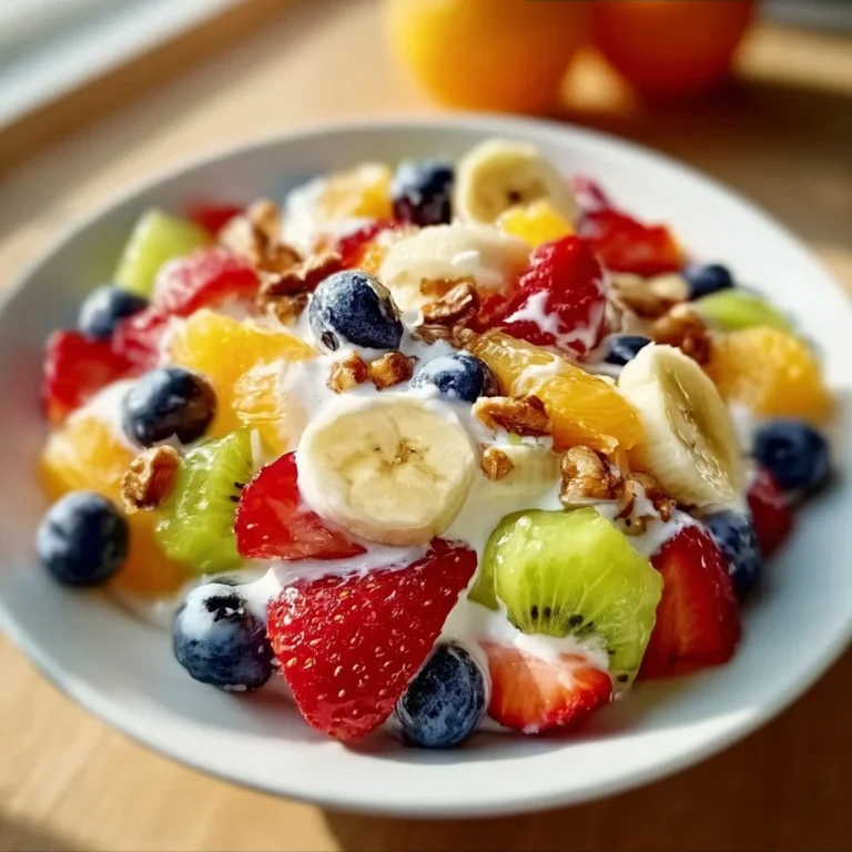 Salade de fruits colorée avec yaourt miel crémeux, idéale pour le petit-déjeuner.