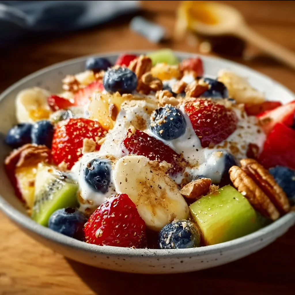 Salade de fruits au yaourt miel cr&eacute;meux pour le petit-d&eacute;jeuner