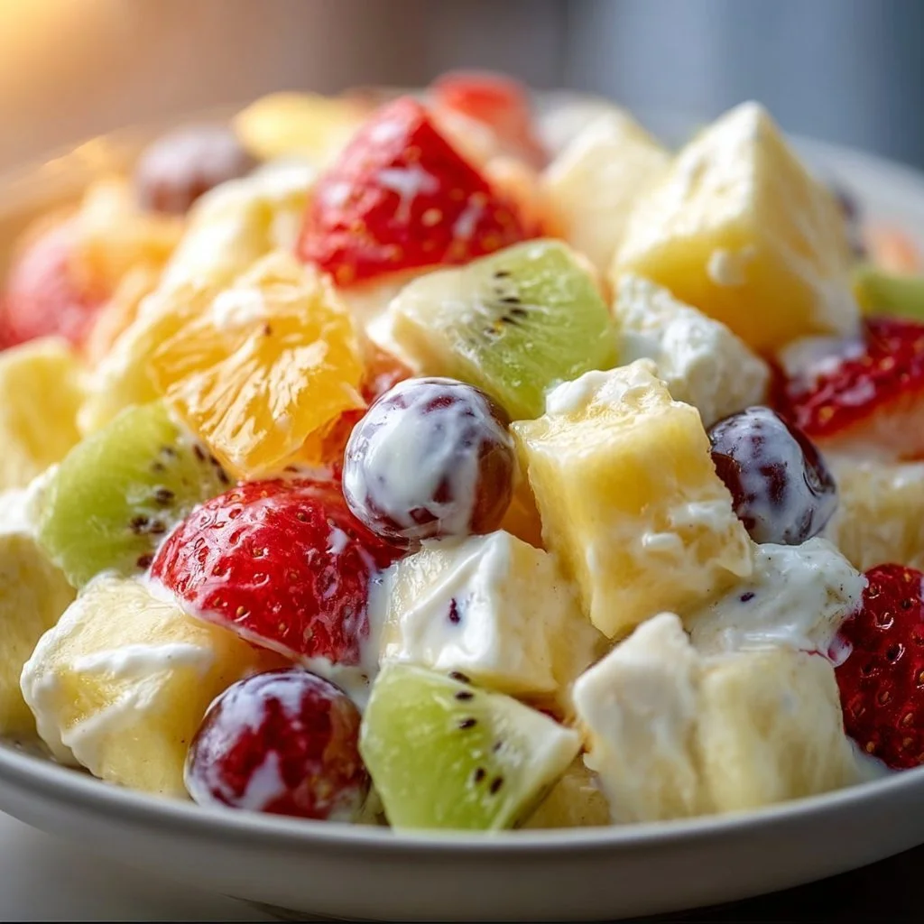 Salade de fruits veloutée et parfumée servie dans un bol décoratif.