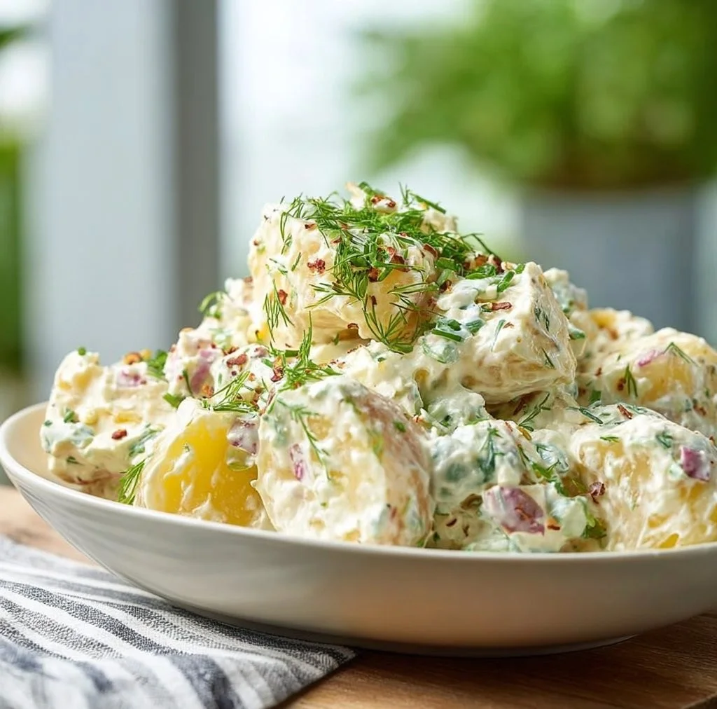 Salade de pommes de terre crémeuse, un plat savoureux et séduisant.