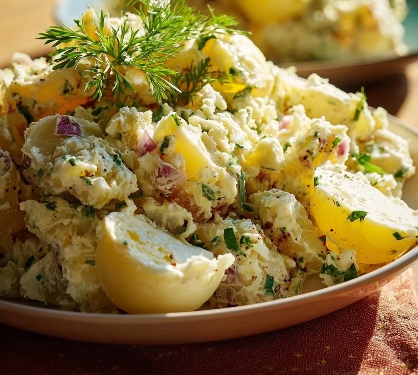 Salade de pommes de terre de Grandma servie dans un plat traditionnel