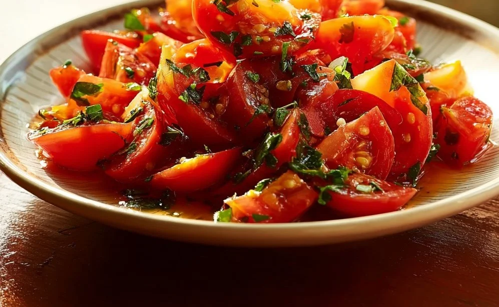 Salade de tomates libanaise colorée et appétissante, idéale pour les repas d'été.