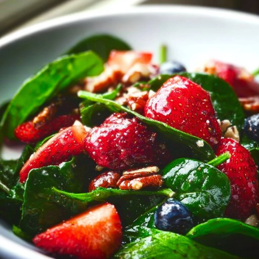 Salade d'épinards aux fraises fraîchement préparée en 30 minutes.
