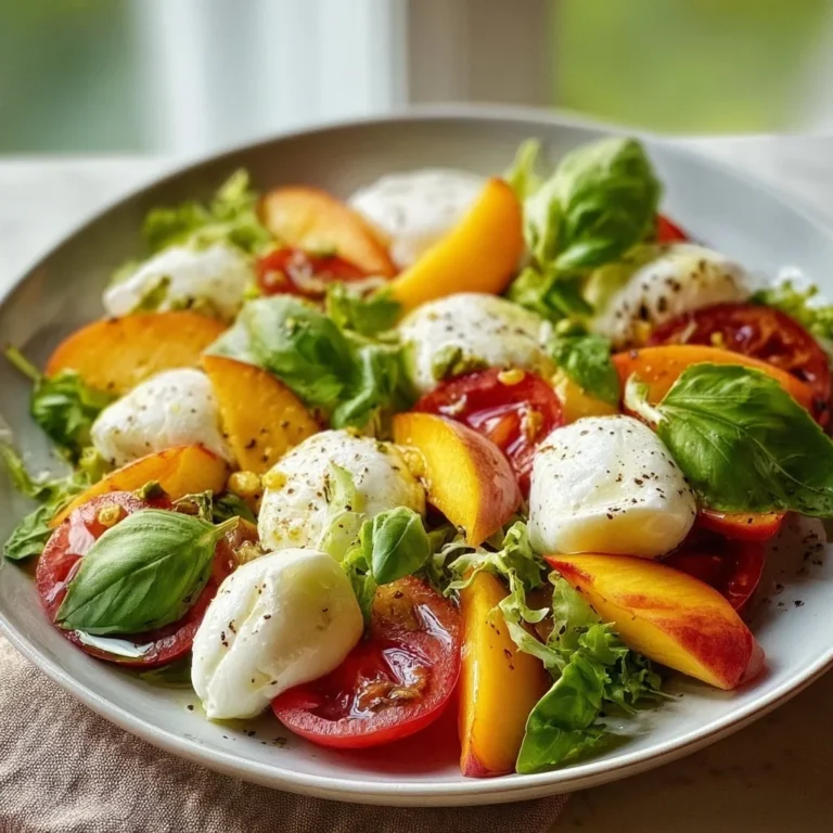 Salade d'été à la burrata et aux pêches servie dans un bol coloré.