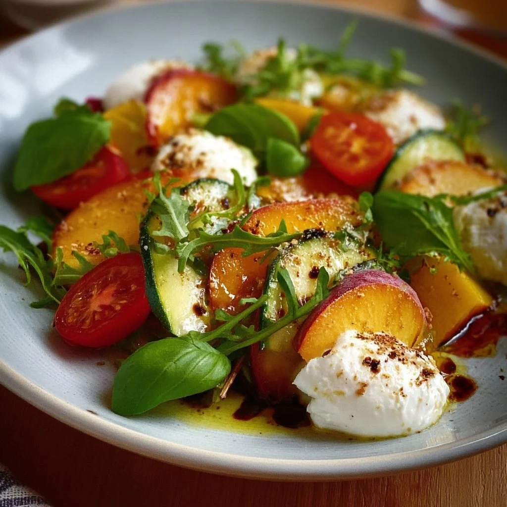 Salade d'&eacute;t&eacute; &agrave; la burrata et aux p&ecirc;ches