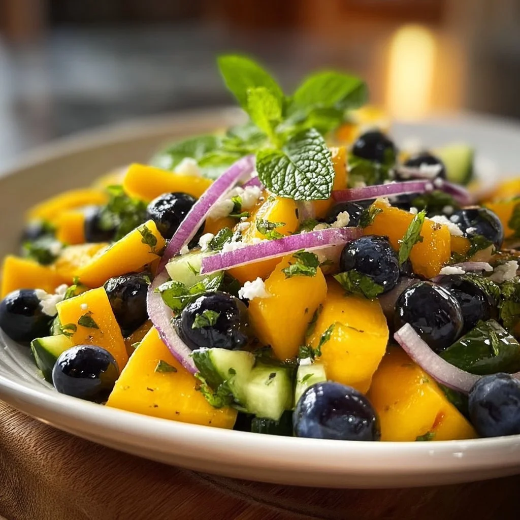 Salade exotique à la mangue et aux myrtilles, un plat coloré et savoureux