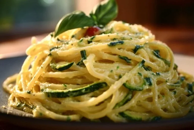 Spaghettis à la crème de courgettes accompagné d'herbes fraîches