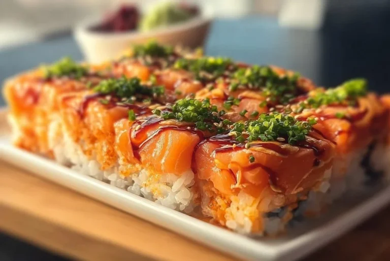 Sushi au saumon épicé garni de sauce piquante et d'herbes fraîches