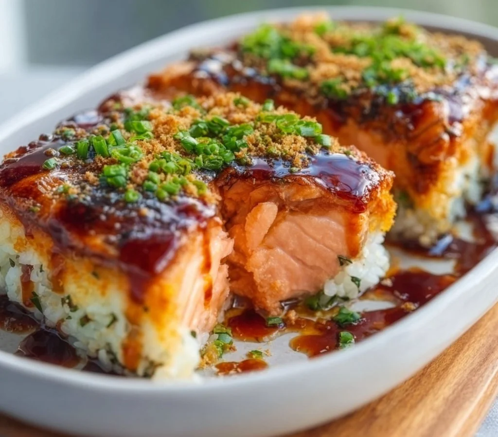 Sushi-bake au saumon teriyaki, plat délicieux et original