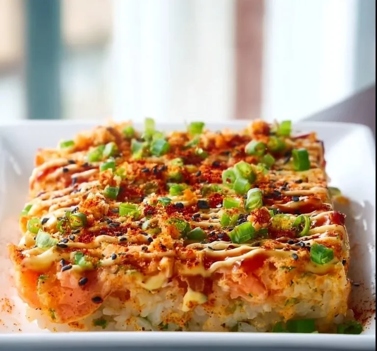 Sushi gratiné au saumon épicé avec une croûte dorée et fondante