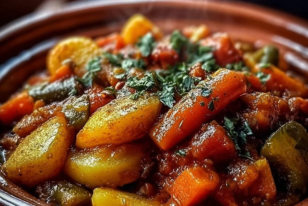 Tajine marocain de légumes mijotant lentement dans une magnifique terrine