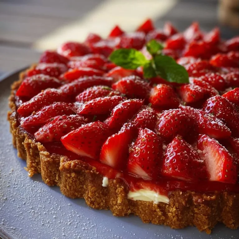 Tarte aux fraises fraîche avec une croûte dorée et des fraises juteuses.