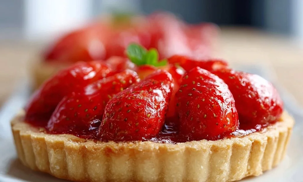 Tarte aux fraises à l'ancienne, garnie de fraises fraîches sur une pâte croustillante.