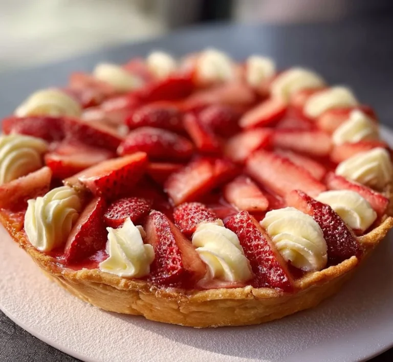 Tarte aux fraises et à la rhubarbe sur une assiette avec des fraises fraîches