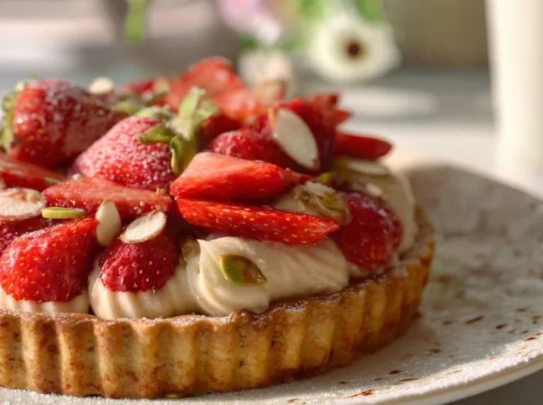 Tarte aux Fraises et Crème d'Amande présentée sur une table en bois